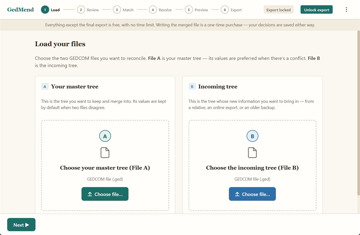 Load your files: master tree A and incoming tree B
